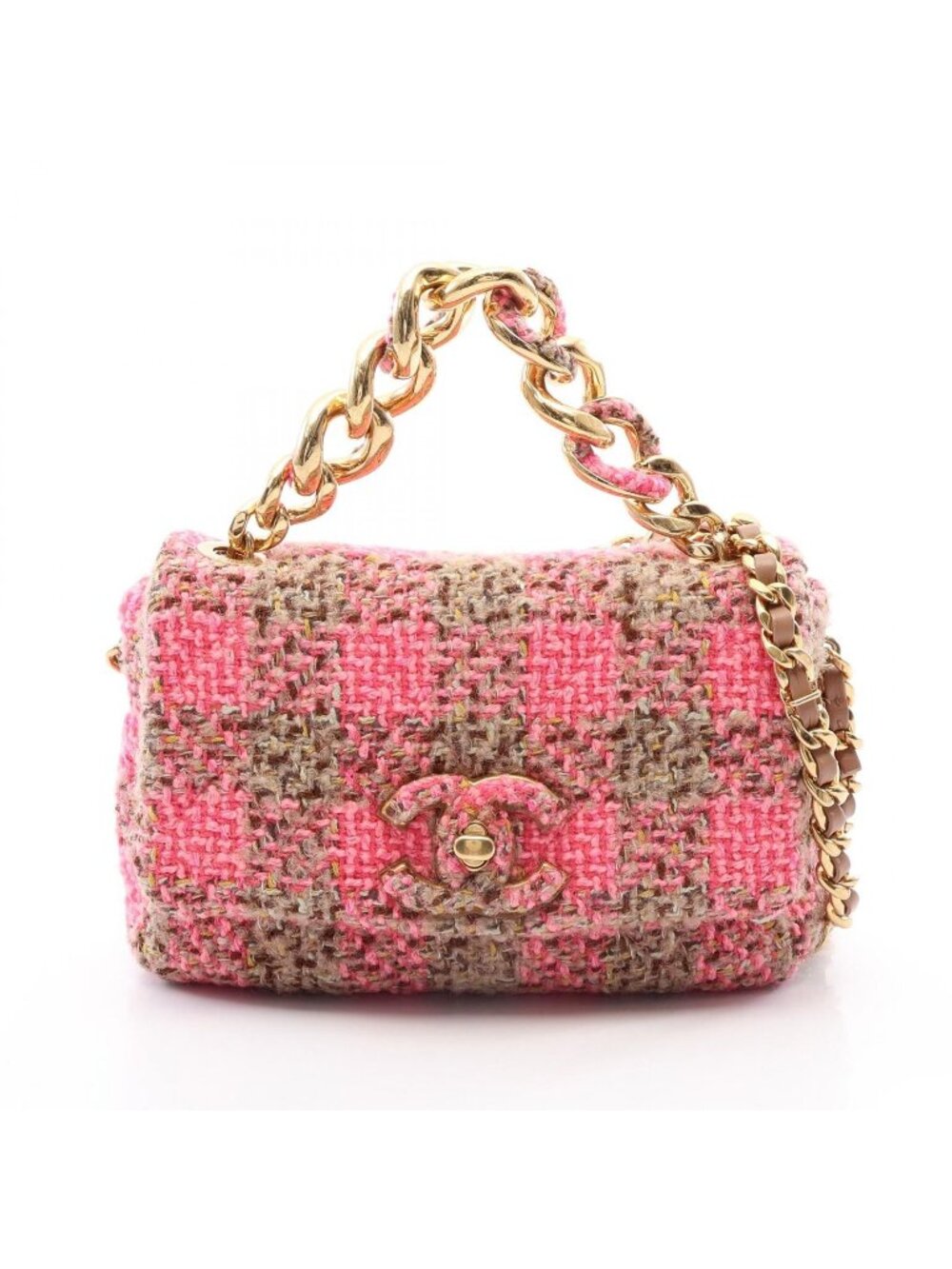 Chanel Shoulder Bag CC Logo Turnlock Check 2-Way Pink Multi Fabric Small Flap
